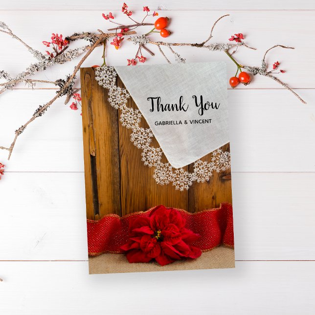 Rustic Poinsettia Winter Barn Wedding Thank You (Show your gratitude after your December celebration event with this festive thank you note.)