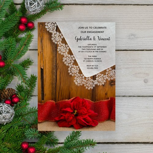 Rustic Poinsettia Winter Engagement Barn Party Invitation