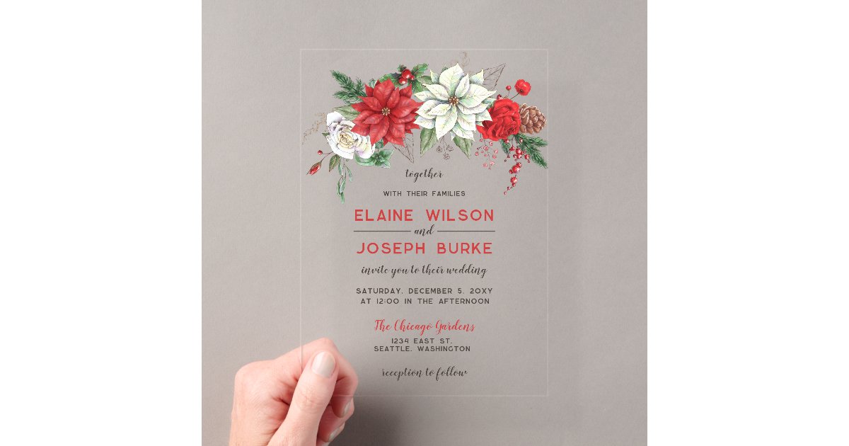 Rustic Poinsettia Winter Foliage Pine cone Wedding Acrylic Invitations ...