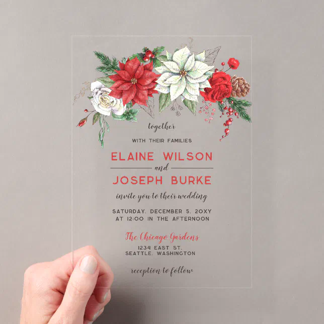 Rustic Poinsettia Winter Foliage Pine cone Wedding Acrylic Invitations ...