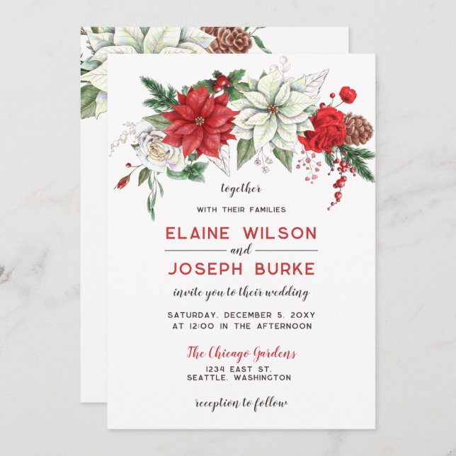 Rustic Poinsettia Winter Foliage Pine cone Wedding Invitation (Front/Back)
