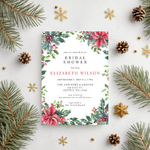 Rustic Poinsettias Holly Christmas Bridal Shower Invitation