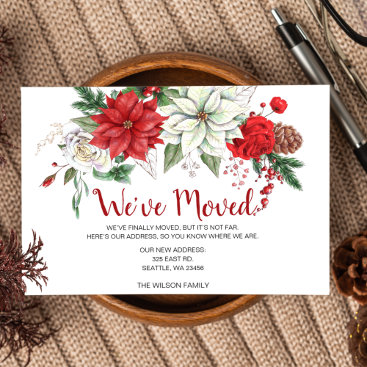 Rustic Poinsettias Pine Cone We've Moved Holiday Postcard