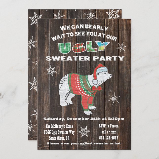 Rustic Polar Bear Ugly Sweater Party Invitation (Front/Back)