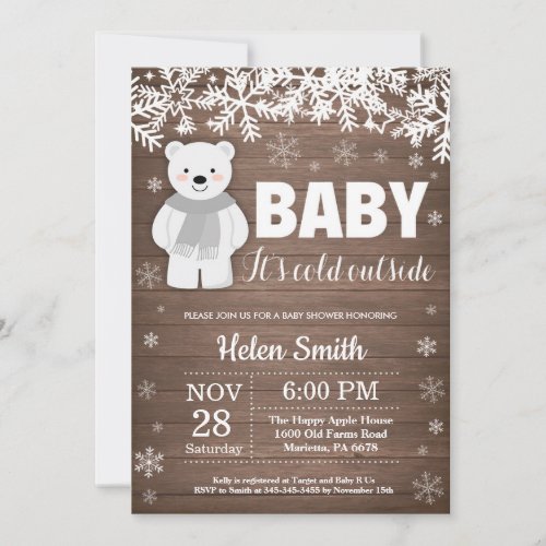 Rustic Polar Bear Winter Baby Shower Invitation