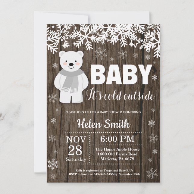 Rustic Polar Bear Winter Baby Shower Invitation (Front)