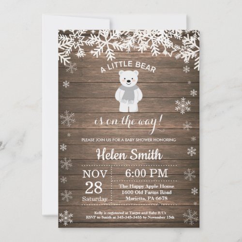 Rustic Polar Bear Winter Baby Shower Invitation
