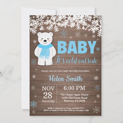 Rustic Polar Bear Winter Boy Baby Shower Invitation