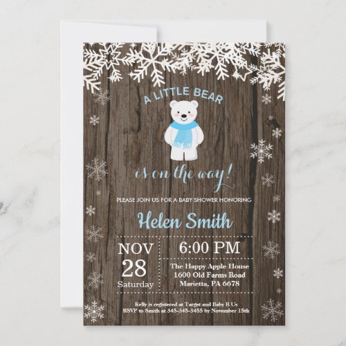 Rustic Polar Bear Winter Boy Baby Shower Invitation