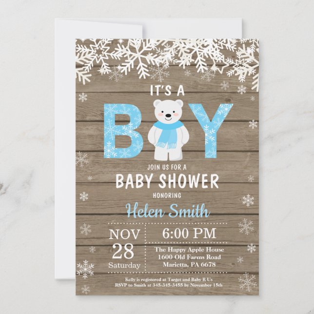 Rustic Polar Bear Winter Boy Baby Shower Invitation (Front)