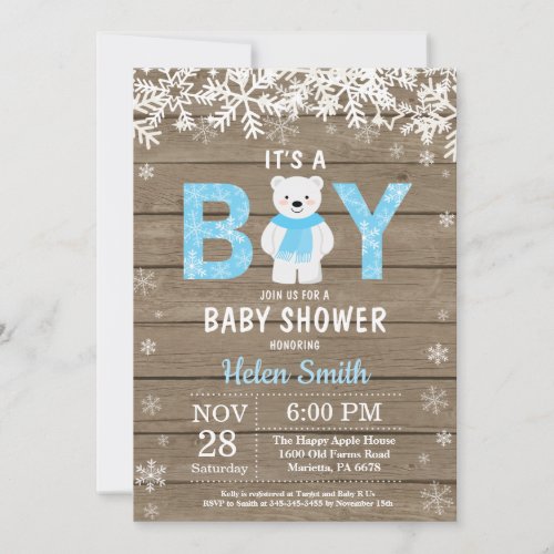 Rustic Polar Bear Winter Boy Baby Shower Invitation