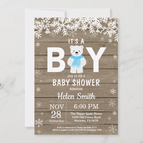 Rustic Polar Bear Winter Boy Baby Shower Invitation