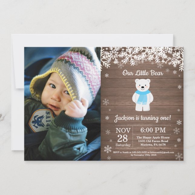 Rustic Polar Bear Winter Boy Birthday Photo Invitation (Front)