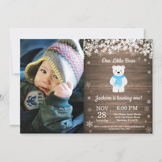 Rustic Polar Bear Winter Boy Birthday Photo Invitation (Front)