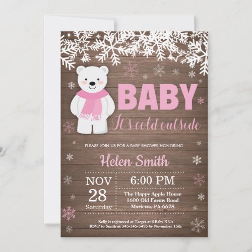 Rustic Polar Bear Winter Girl Baby Shower Invitation