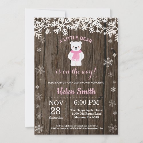 Rustic Polar Bear Winter Girl Baby Shower Invitation