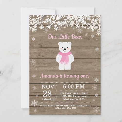 Rustic Polar Bear Winter Girl Birthday Invitation