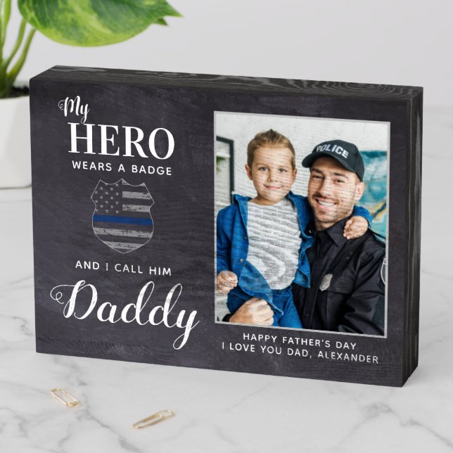 Rustic Police Dad Hero Daddy Personalized Photo  Wooden Box Sign (In Situ Horizontal)