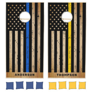 Rustic Police Dispatcher Thin Blue & Gold Line Cornhole Set
