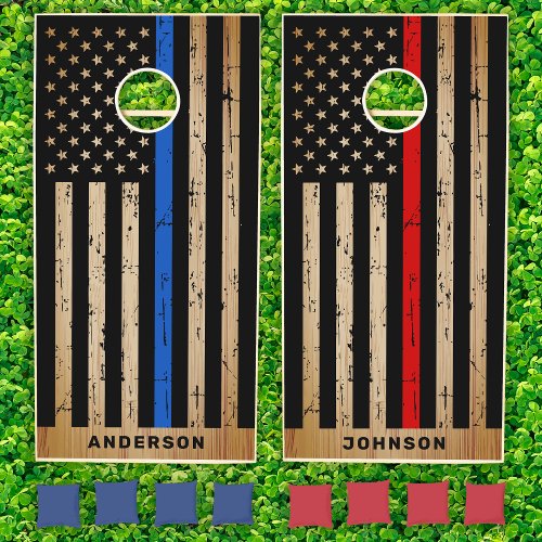 Rustic Police Firefighter Thin Blue  Red Line  Cornhole Set