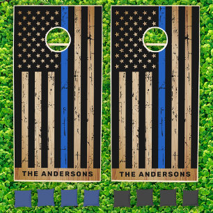 Rustic Police Flag Thin Blue Line Cornhole Set