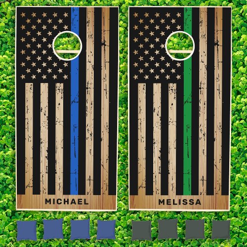 Rustic Police Military Thin Blue Line Green Flag Cornhole Set