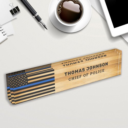 Rustic Police Officer Thin Blue Line Flag Wood Desk Name Plate