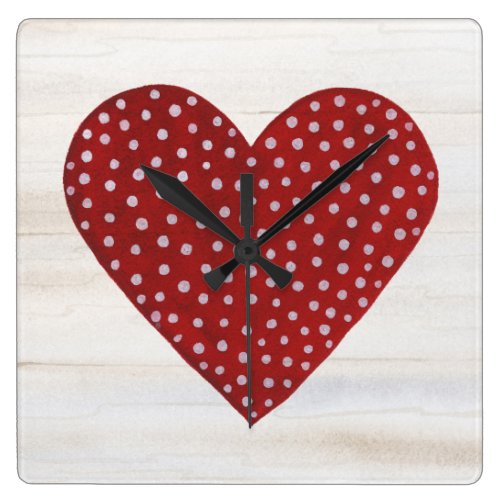 Rustic Polka Dot Valentine Heart Square Wall Clock