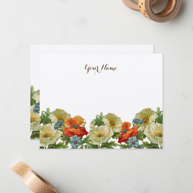 Rustic Poppies and Cornflowers Editable 4.25x5.5 Note Card (Front/Back In Situ)