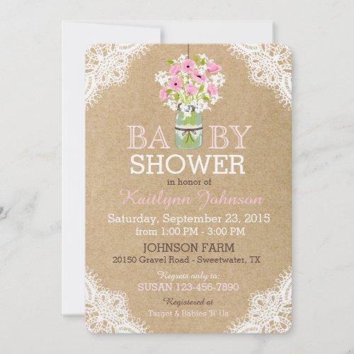 Rustic Poppies Mason Jar Lace Kraft Baby Shower Invitation