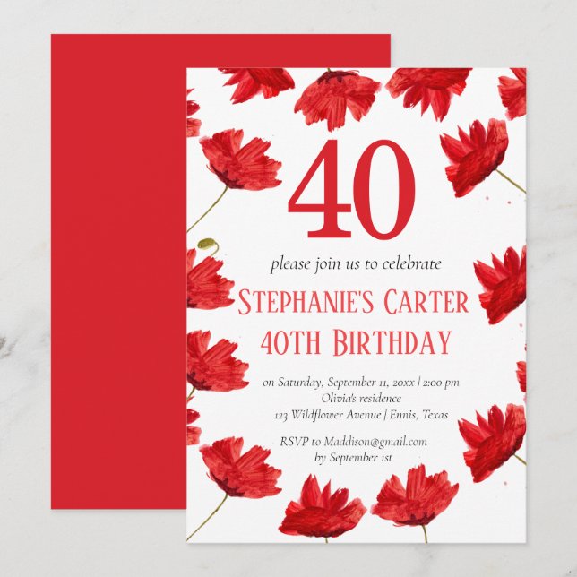 Rustic Poppy 40th Birthday Wildflower Red Floral Invitation (Front/Back)