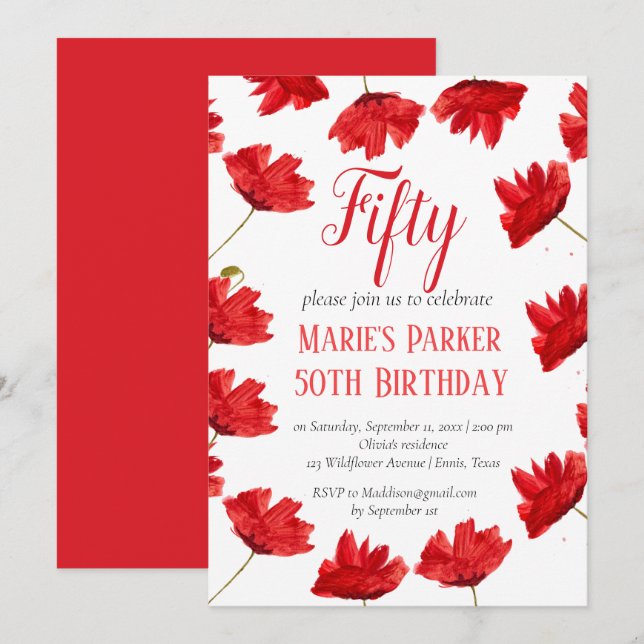 Rustic Poppy 50th Birthday Wildflower Red Floral Invitation (Front/Back)