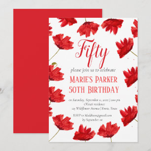 Rustic Poppy 50th Birthday Wildflower Red Floral Invitation