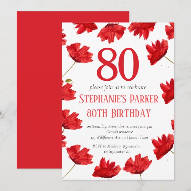 Rustic Poppy 80th Birthday Wildflower Red Floral Invitation (Front/Back)