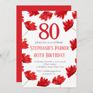 Rustic Poppy 80th Birthday Wildflower Red Floral Invitation