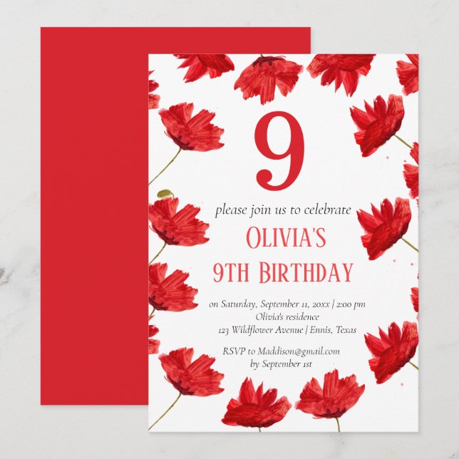 Rustic Poppy 9th Birthday Wildflower Red Floral Invitation (Front/Back)