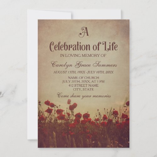 Rustic Poppy Field Celebration of Life Invitation