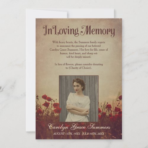 Rustic Poppy Field In Loving Memory Custom Photo Announcement