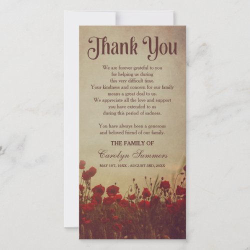 Rustic Poppy Field  Sympathy Thank You