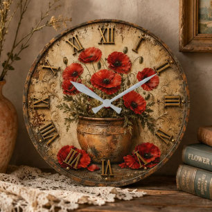 Rustic Poppy Flower Vintage Floral Farmhouse Large Clock