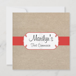 Rustic Poppy Red and Beige Burlap First Communion Invitation