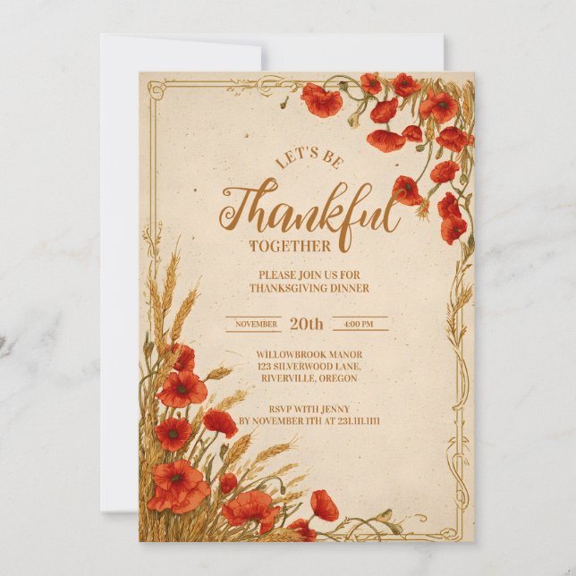 Rustic Poppy Thanksgiving Celebration Invitation (Front)