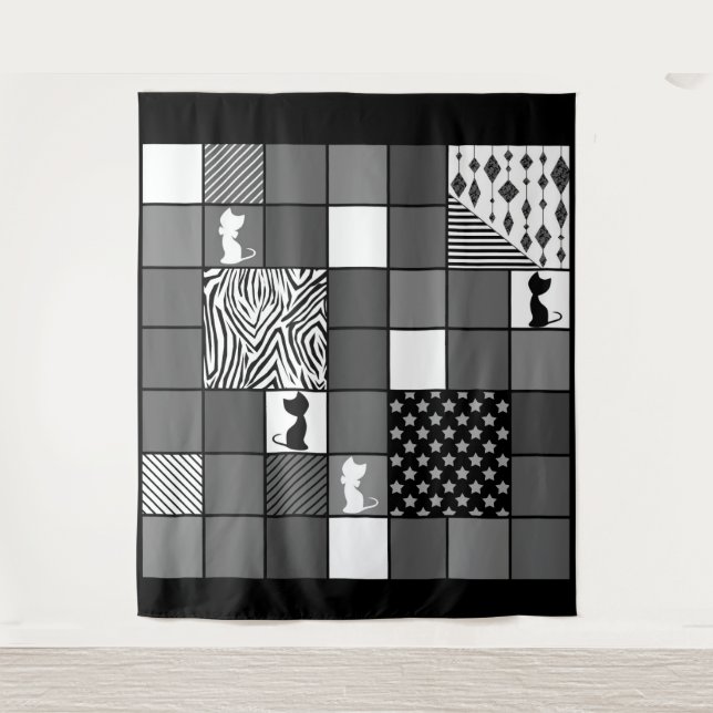 Rustic, Popular, Black and white, Patchwork, Simpl Tapestry (Front)