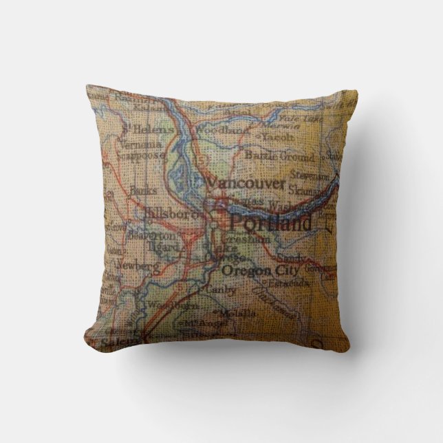 Rustic Portland Oregon Map Throw Pillow (Front)