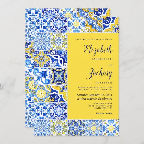 Rustic Portuguese Tile Blue Yellow Wedding Invitation
