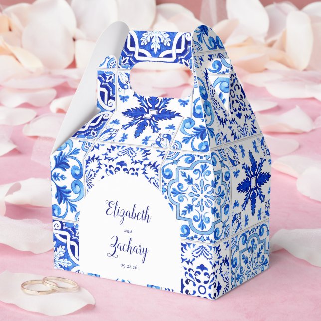 Rustic Portuguese Tiles Blue White Arch Wedding Favor Boxes (Wedding)