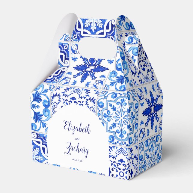 Rustic Portuguese Tiles Blue White Arch Wedding Favor Boxes (Front Side)
