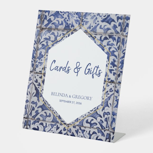 Rustic Portuguese Tiles Wedding Cards & Gifts Pedestal Sign (Front)