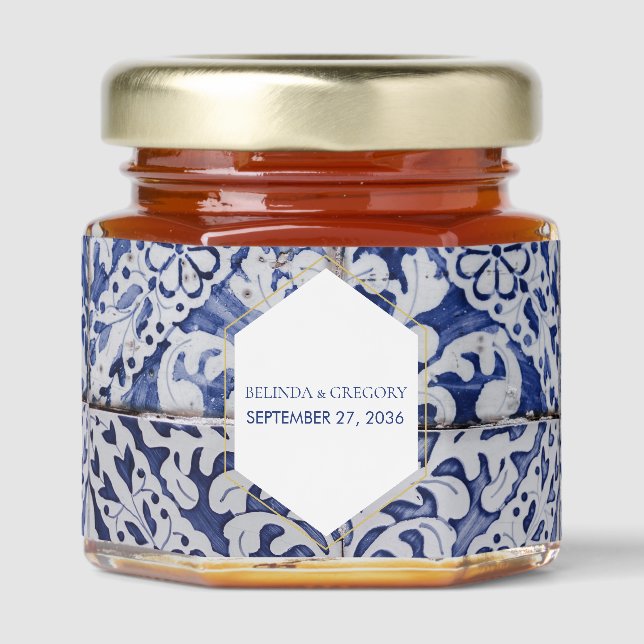 Rustic Portuguese Tiles Wedding Favor Honey Jar Favors (Front)