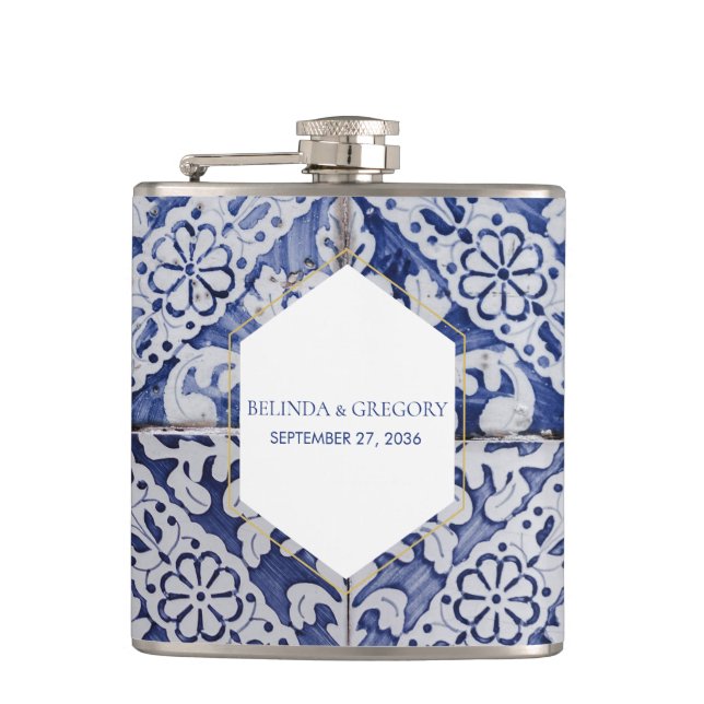 Rustic Portuguese Tiles Wedding Flask (Front)